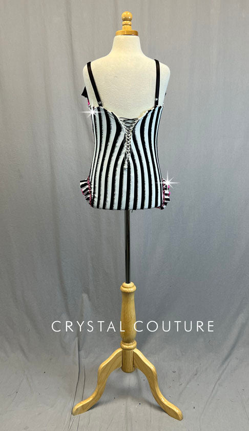 Custom Black & White Striped Leotard with Pink Zsa Zsa and Hip Ruffles - Rhinestones