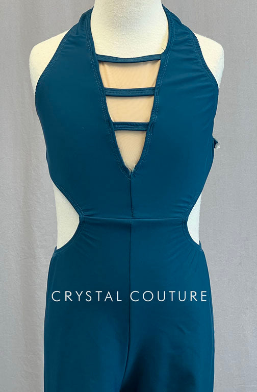 Custom Steel Blue Strappy Halter Unitard with Cutouts