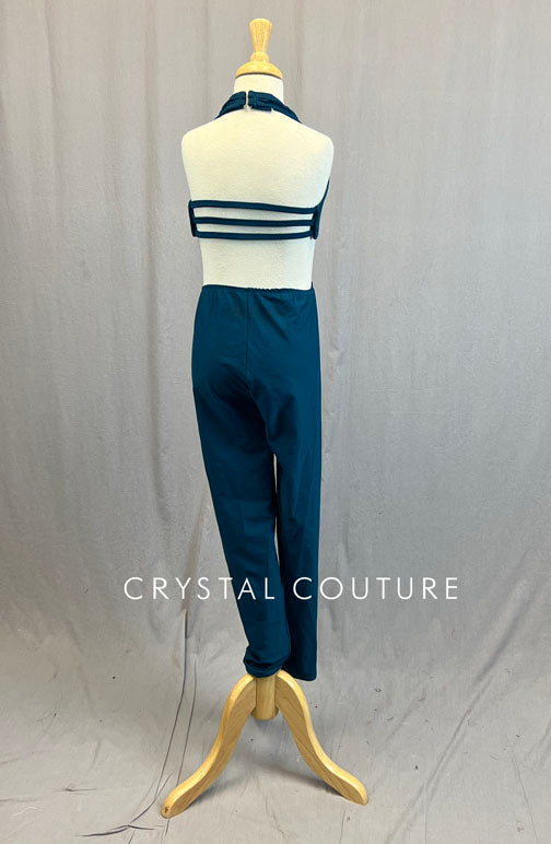 Custom Steel Blue Strappy Halter Unitard with Cutouts