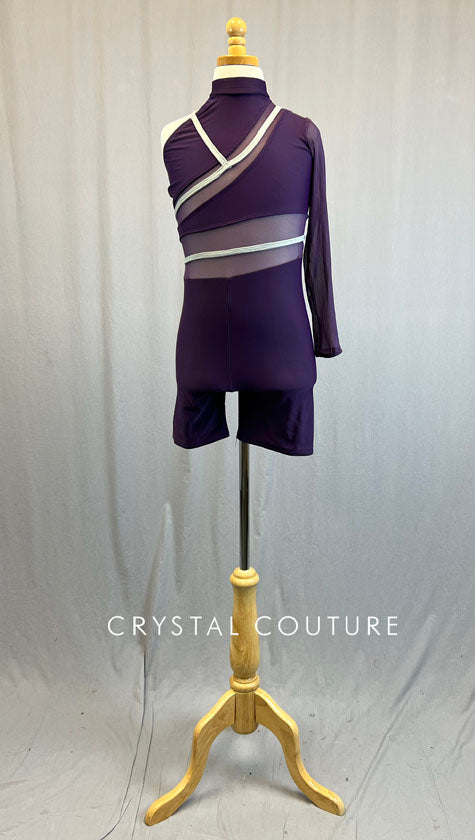 Custom Plum Asymmetrical Biketard with Mesh Cutouts and Grey Strapping