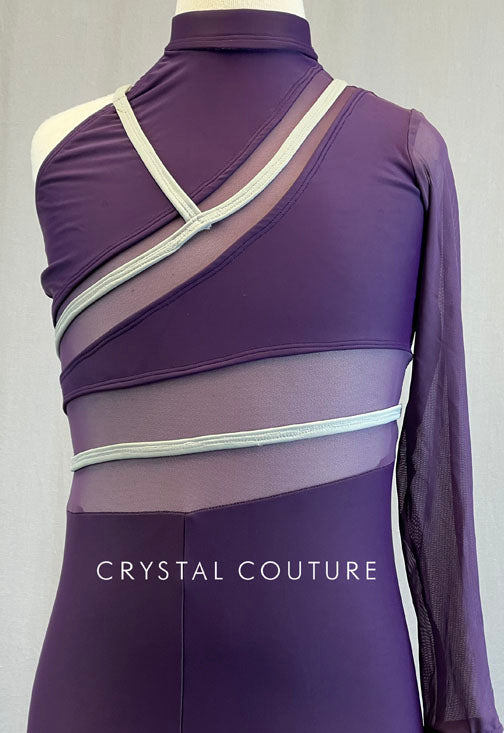 Custom Plum Asymmetrical Biketard with Mesh Cutouts and Grey Strapping