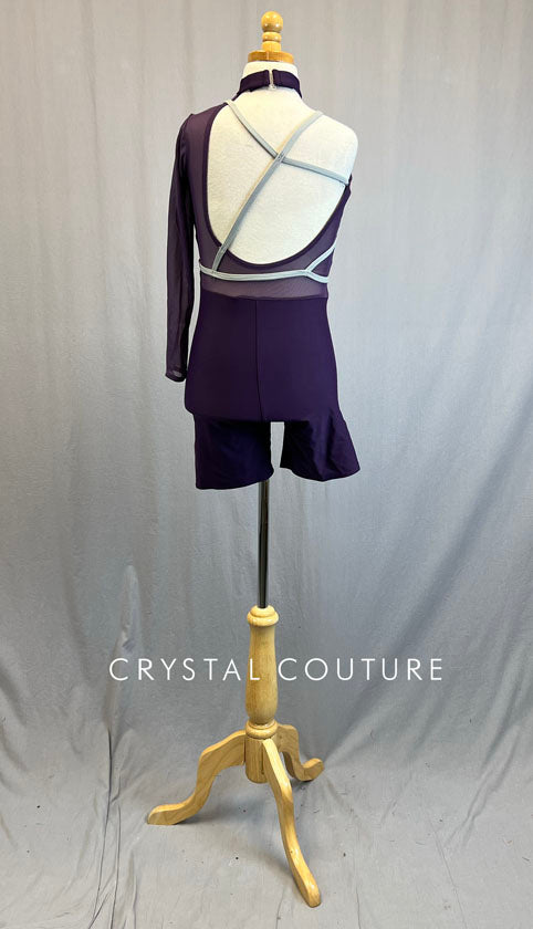 Custom Plum Asymmetrical Biketard with Mesh Cutouts and Grey Strapping