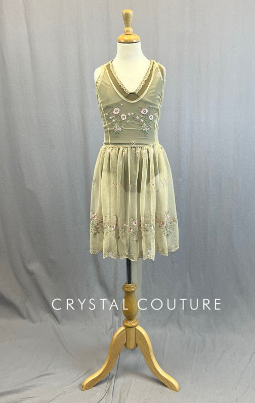 Custom Ivory Floral Embroidered Mesh Dress with Taupe Leotard