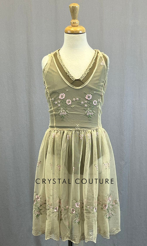 Custom Ivory Floral Embroidered Mesh Dress with Taupe Leotard