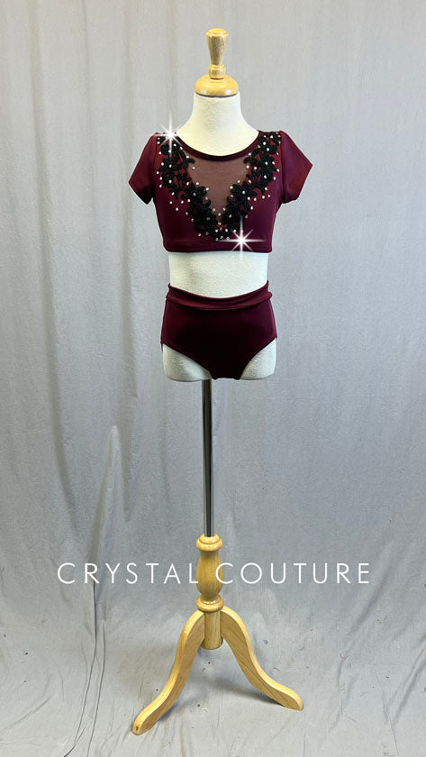 Burgundy Top and Trunks with Black Appliques - Rhinestones