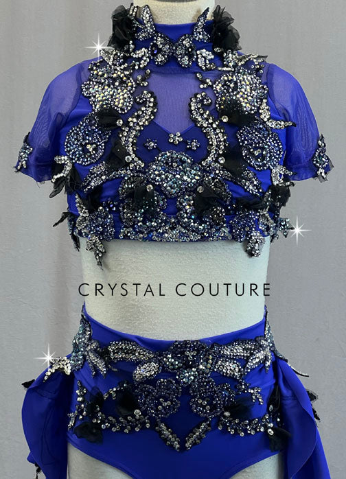 Custom Electric Purple Two Piece Mock Neck with Back Skirt and Appliques - Rhinestones