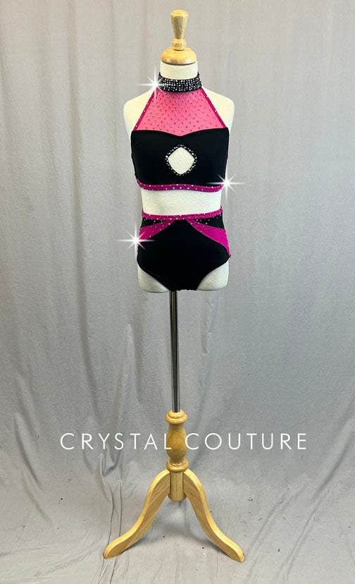 Custom Black & Magenta Strappy Back Halter with Mesh and Cutouts - Rhinestones