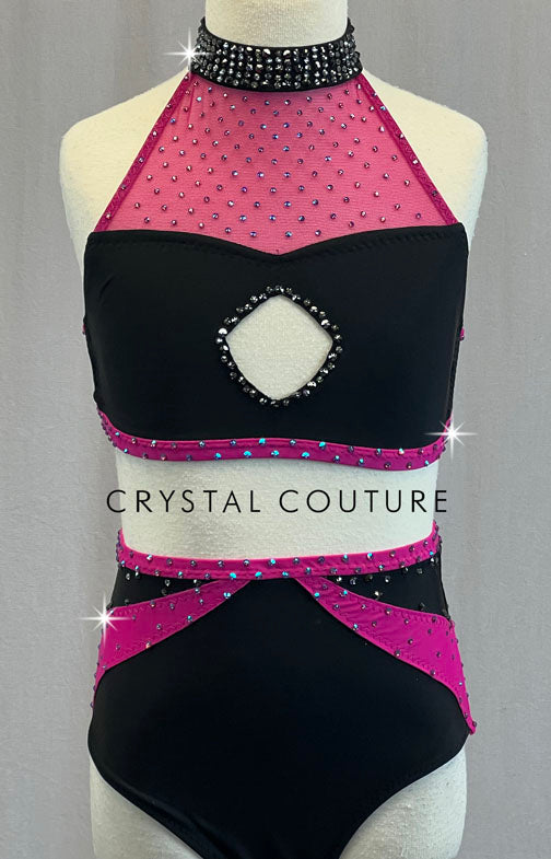 Custom Black & Magenta Strappy Back Halter with Mesh and Cutouts - Rhinestones