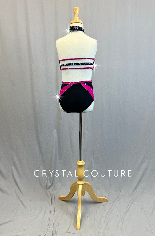Custom Black & Magenta Strappy Back Halter with Mesh and Cutouts - Rhinestones