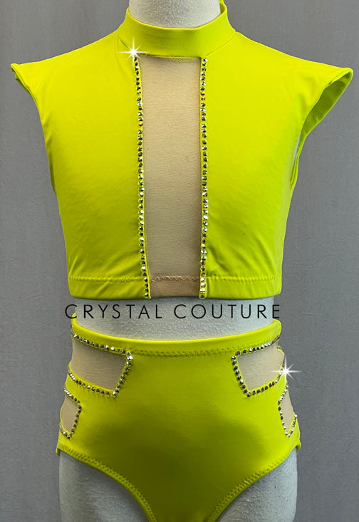 Custom Neon Yellow Two Piece with Mesh Cutouts and Structured Cap Sleeves - Rhinestones
