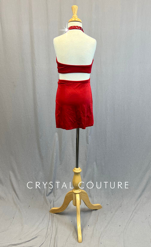Custom Red Halter Top Two Piece with Wrap Skirt - Rhinestones