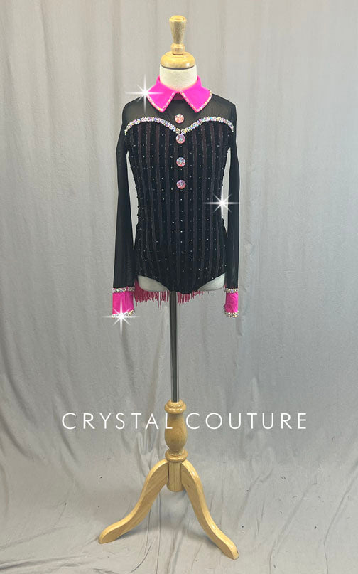 Black Velvet and Mesh Leotard with Hot Pink Collar and Fringe Back Skirt - Rhinestones