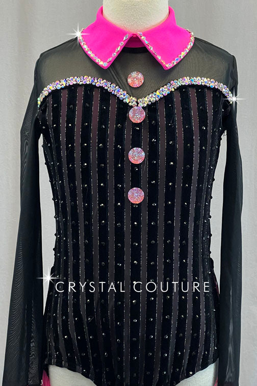 Black Velvet and Mesh Leotard with Hot Pink Collar and Fringe Back Skirt - Rhinestones