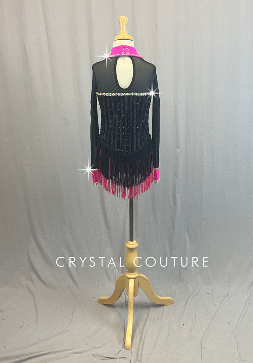 Black Velvet and Mesh Leotard with Hot Pink Collar and Fringe Back Skirt - Rhinestones