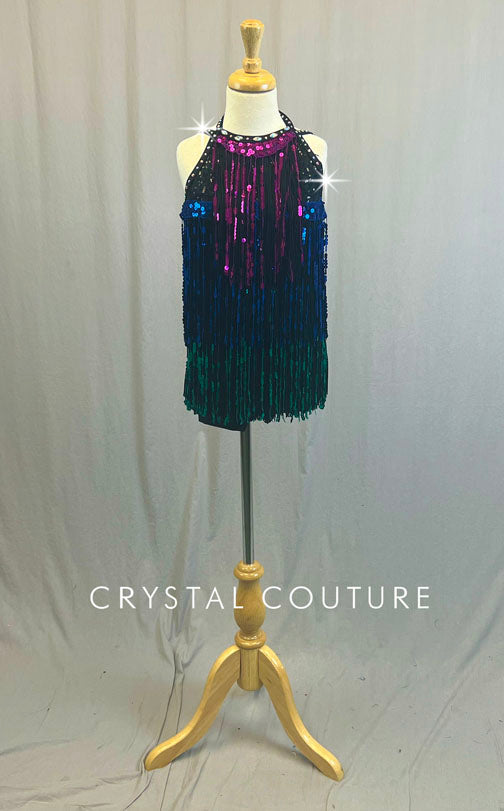 Black Zsa Zsa Biketard with Pink, Blue & Green Sequin Fringe Detailing - Rhinestones