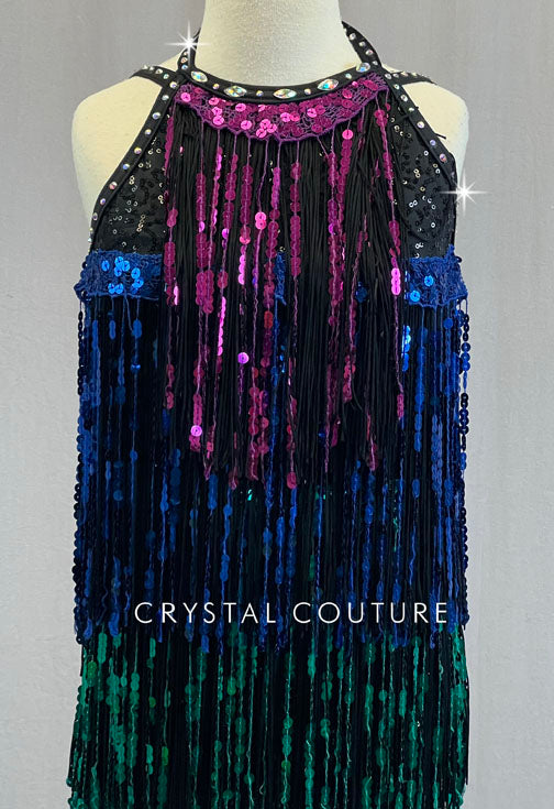 Black Zsa Zsa Biketard with Pink, Blue & Green Sequin Fringe Detailing - Rhinestones