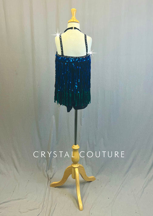 Black Zsa Zsa Biketard with Pink, Blue & Green Sequin Fringe Detailing - Rhinestones