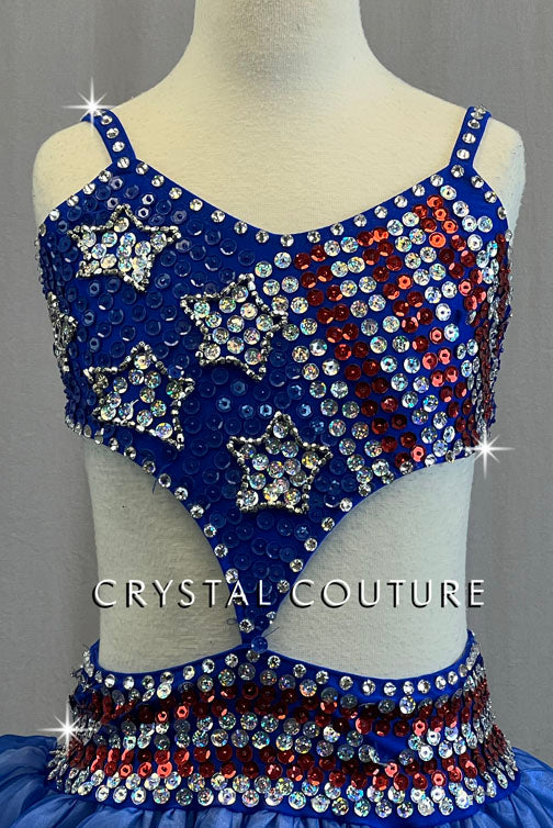 Red, White & Blue Connected Two Piece with Layered Skirt - Rhinestones
