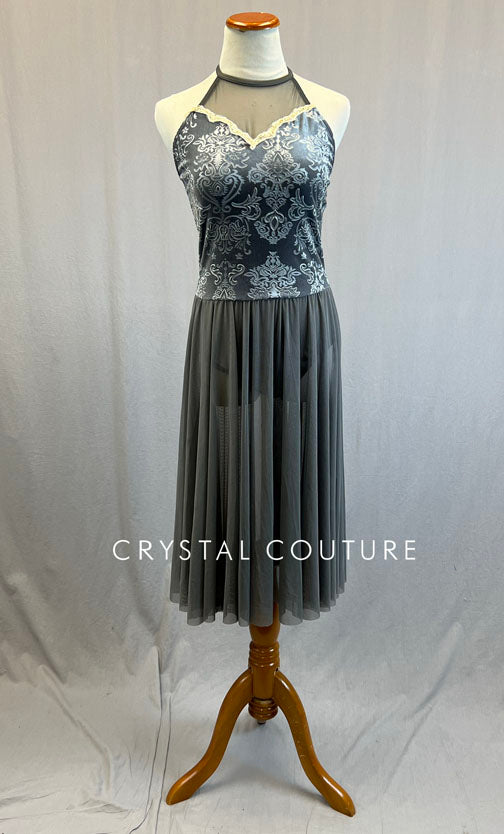 Grey Embossed Velvet Leotard with Long Mesh Skirt