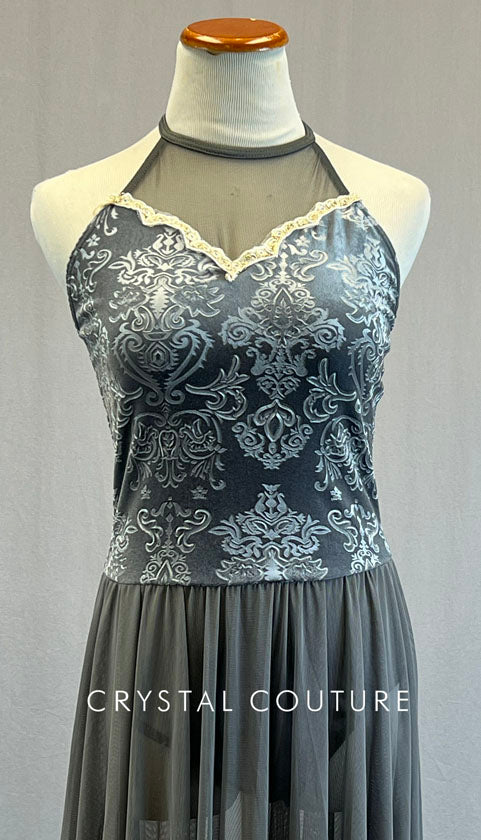 Grey Embossed Velvet Leotard with Long Mesh Skirt