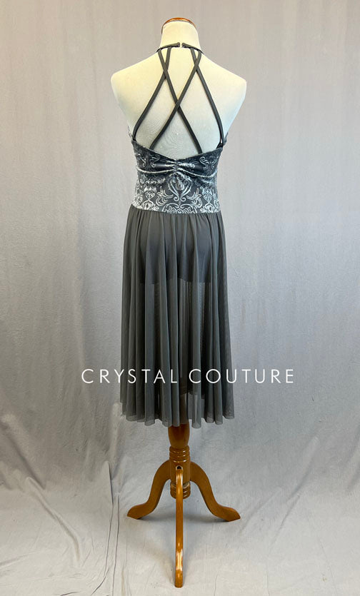 Grey Embossed Velvet Leotard with Long Mesh Skirt