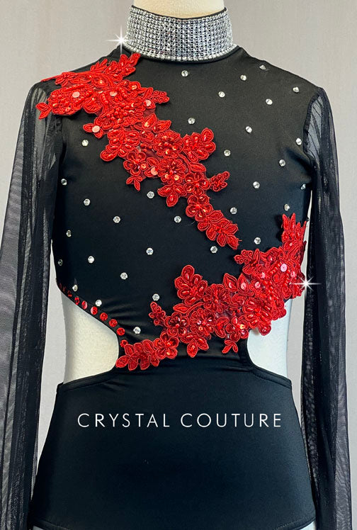 Black Peasant Sleeve Leotard with Mesh and Red Appliques - Rhinestones