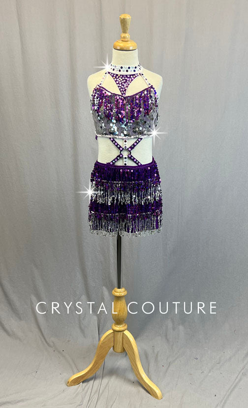 Purple & Silver Strappy Two Piece with Fringe Skirt - Rhinestones
