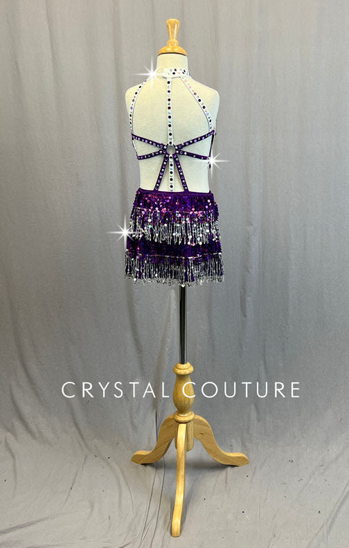 Purple & Silver Strappy Two Piece with Fringe Skirt - Rhinestones
