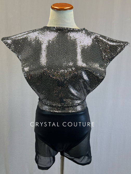 Silver Holographic Sequin Top with Structured Shoulders and Mesh Bike Shorts