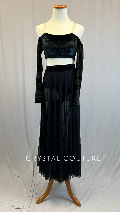 Black Velvet Off Shoulder Top with Long Mesh Skirt