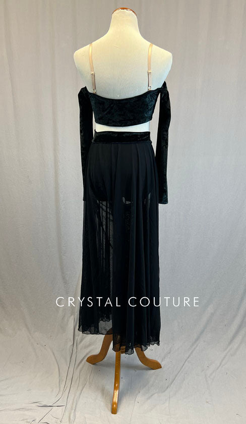 Black Velvet Off Shoulder Top with Long Mesh Skirt