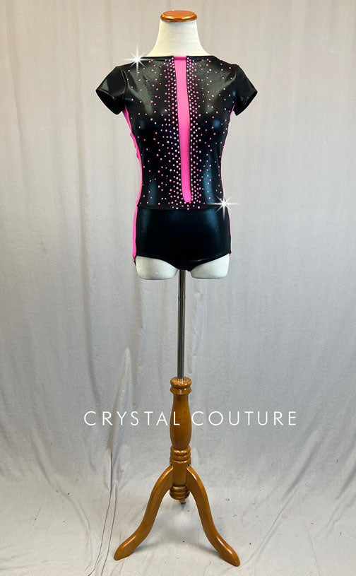 Black Metallic Leotard with Hot Pink Mesh Inserts - Rhinestones