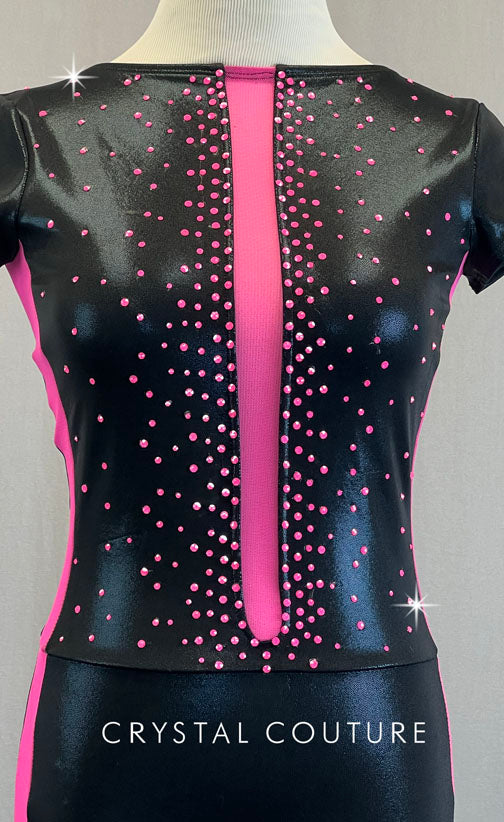 Black Metallic Leotard with Hot Pink Mesh Inserts - Rhinestones