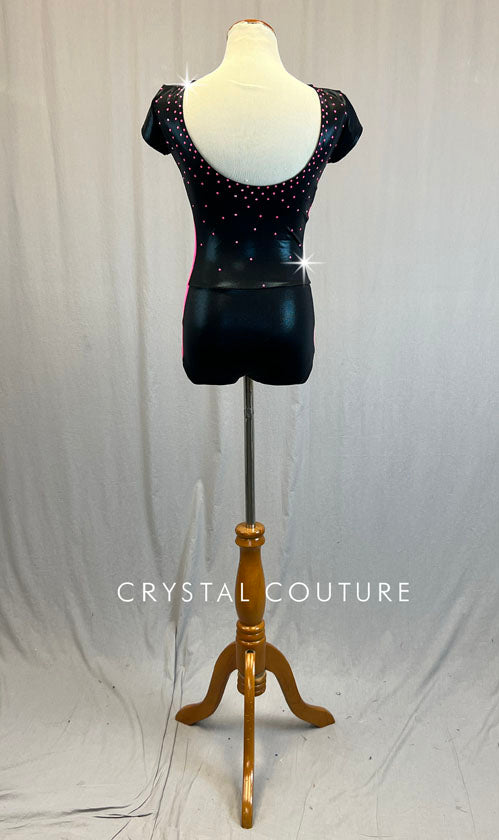Black Metallic Leotard with Hot Pink Mesh Inserts - Rhinestones