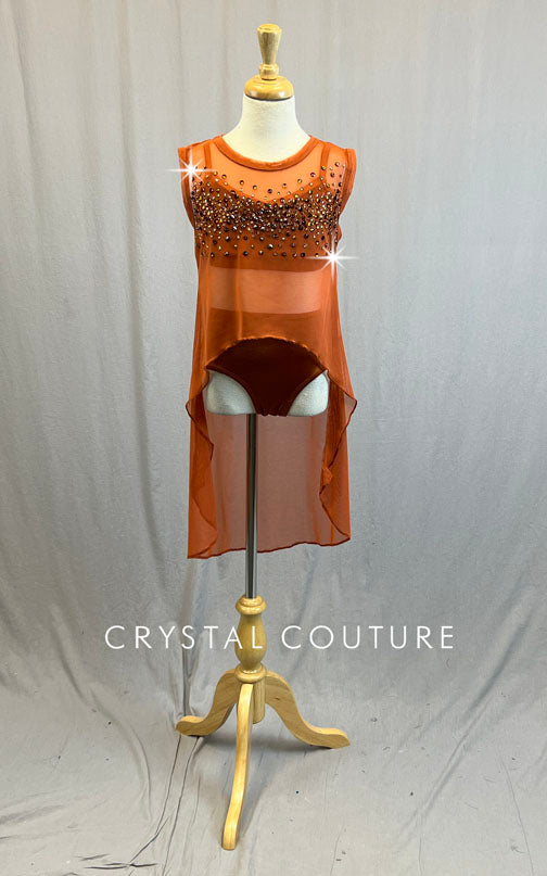 Burnt Orange Mesh Overlay with Bra Top and Trunks - Rhinestones
