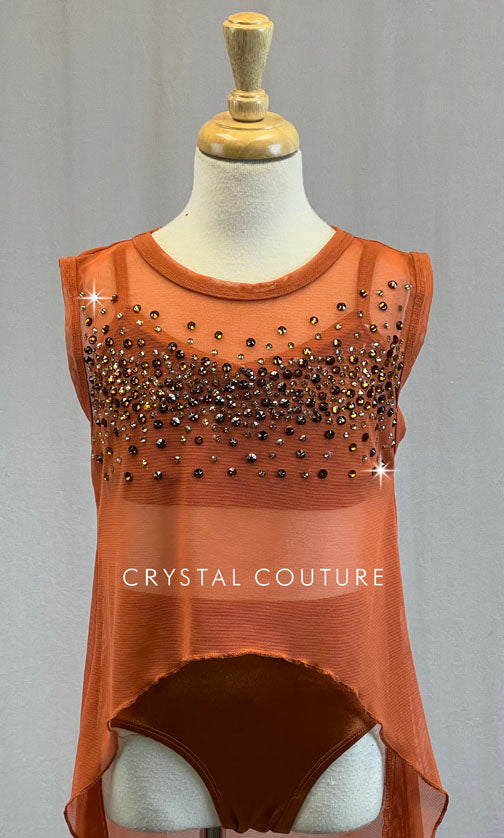 Burnt Orange Mesh Overlay with Bra Top and Trunks - Rhinestones