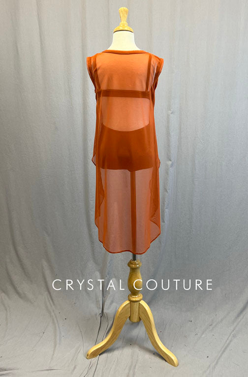 Burnt Orange Mesh Overlay with Bra Top and Trunks - Rhinestones