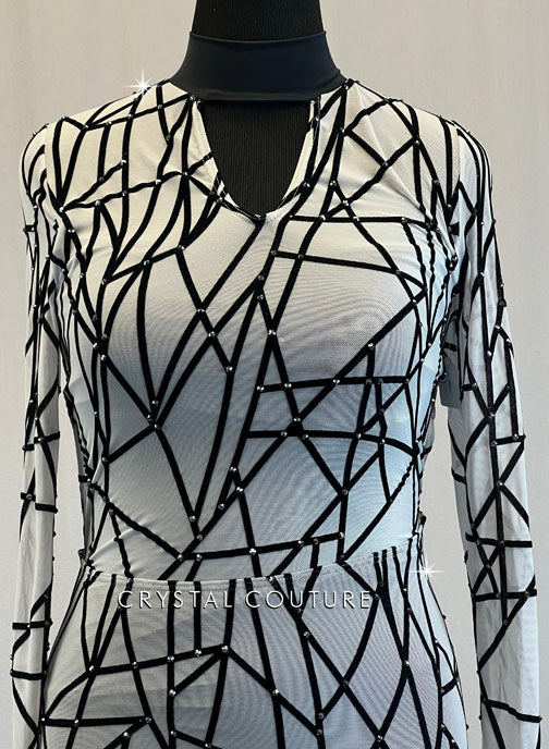 Grey Mesh Unitard with Black Velvet Geometric Pattern - Rhinestones