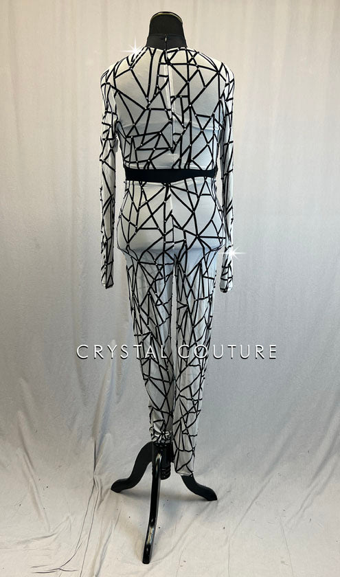 Grey Mesh Unitard with Black Velvet Geometric Pattern - Rhinestones