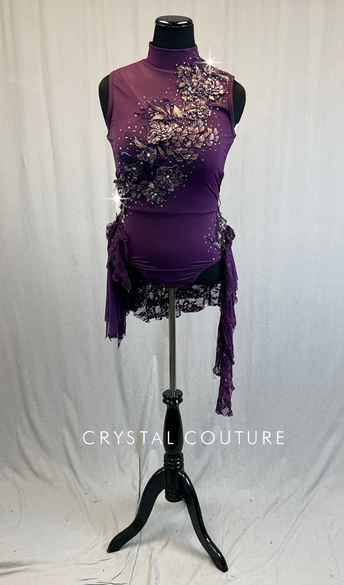 Plum Mock Neck Leotard with Lace Back Skirt and Appliques - Rhinestones