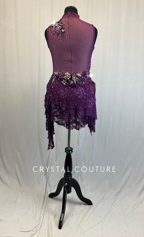 Plum Mock Neck Leotard with Lace Back Skirt and Appliques - Rhinestones