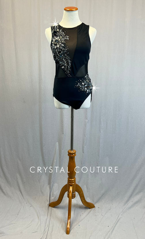 Black Open Back Leotard with Mesh Cutouts and Appliques - Rhinestones