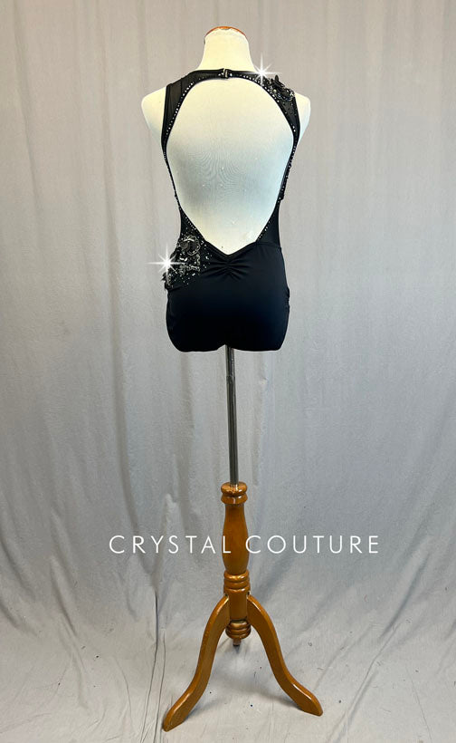 Black Open Back Leotard with Mesh Cutouts and Appliques - Rhinestones