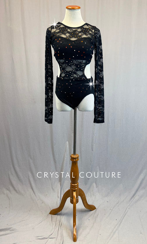 Black Lace Long Sleeve Leotard with Side Cutouts - Rhinestones