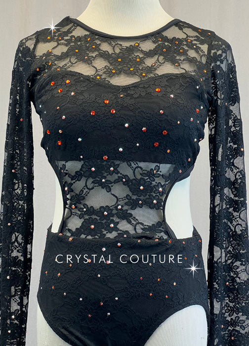 Black Lace Long Sleeve Leotard with Side Cutouts - Rhinestones