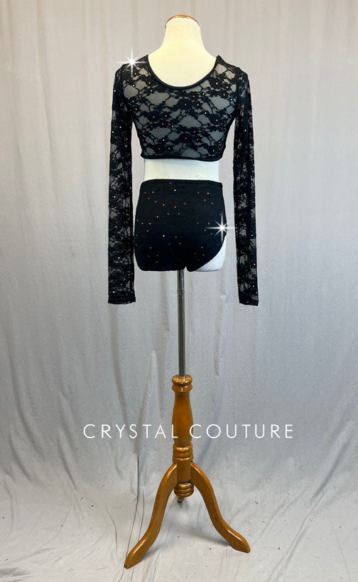 Black Lace Long Sleeve Leotard with Side Cutouts - Rhinestones