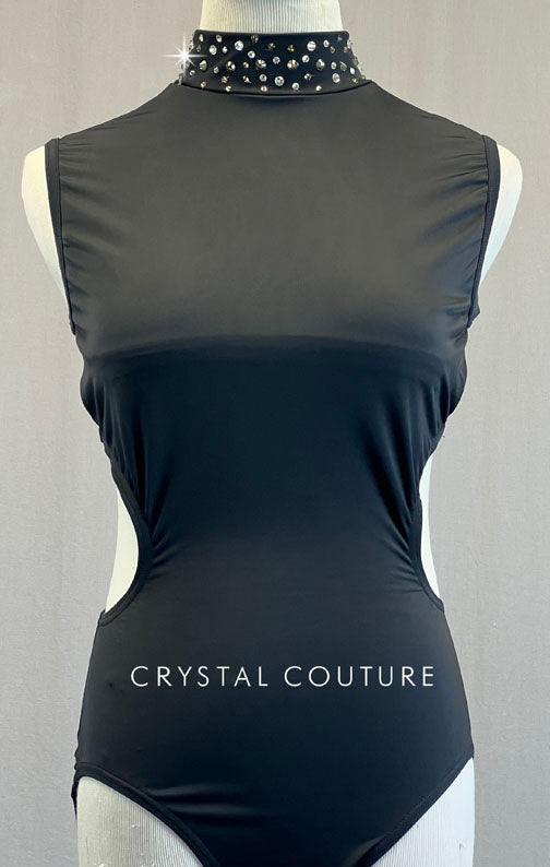 Black Mock Neck Leotard with Mesh Back and Side Cutouts - Rhinestones