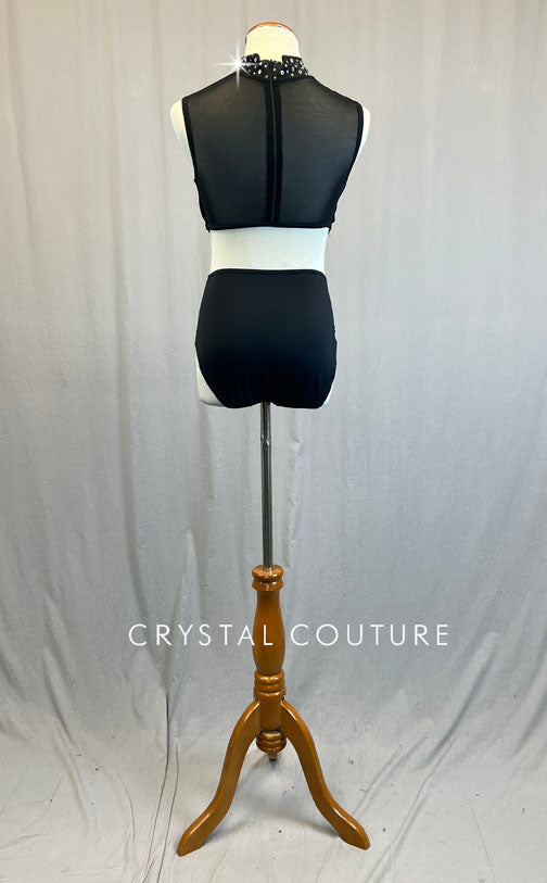 Black Mock Neck Leotard with Mesh Back and Side Cutouts - Rhinestones
