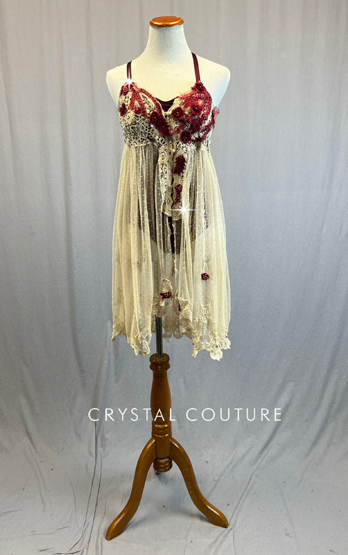Ivory Dotted Lace Overlay Dress with Burgundy Appliques - Rhinestones