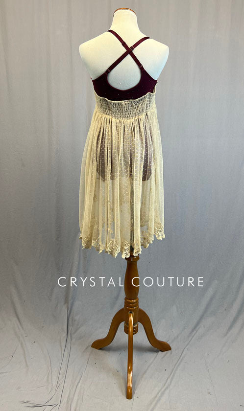Ivory Dotted Lace Overlay Dress with Burgundy Appliques - Rhinestones